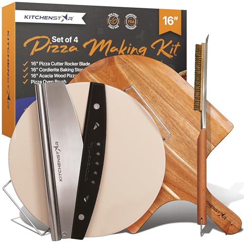 16" Pizza Making Kit - Includes Cordierite Stone, Peel, Cutter, Brush