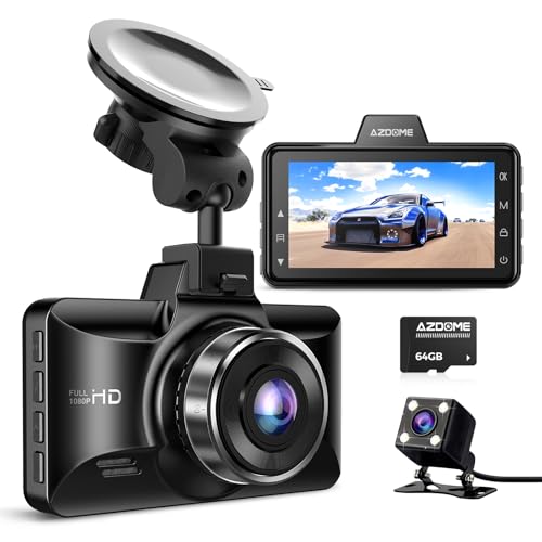AZDOME Front and Rear Dual Dash Cam with 64GB Card
