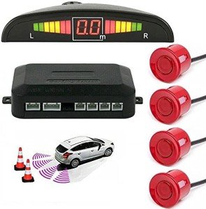 Multibao Car Auto Vehicle Reverse Backup Radar System with 4 Parking Sensors Distance Detection + LED Distance Display + Sound Warning - Red