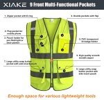 XIAKE 9 Pockets Class 2 High Visibility Reflective Safety Vest Men Women Waistcoat Construction Vest Zipper Front(Yellow,Large)