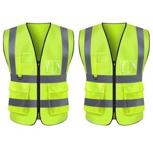 2 Pcs Hi Vis Vests for Women Men, Multi-Pockets High Visibility Vest, Reflective Safety Security Vest with Zipper, Widen Reflective Strip Yellow Security Jacket