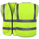 2 Pcs Hi Vis Vests for Women Men, Multi-Pockets High Visibility Vest, Reflective Safety Security Vest with Zipper, Widen Reflective Strip Yellow Security Jacket