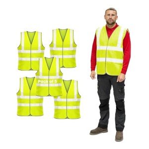 Vasego - 5 Pack of Plain Hi Visibility Reflective Safety Vest for Men & Women Fluorescent Waistcoat for Outdoor Running Walking Motor Bicycle Drivers -Class 2 (Plain Vest, Yellow, M)