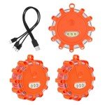 Amzpas USB Rechargeable LED Road Flares Emergency Lights-Roadside Warning Car Safety Beacon Flashing Disc Flare Kit with Magnetic Base & Hook for Vehicles & Boat(3 Pack-Orange Light)