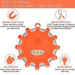 Amzpas USB Rechargeable LED Road Flares Emergency Lights-Roadside Warning Car Safety Beacon Flashing Disc Flare Kit with Magnetic Base & Hook for Vehicles & Boat(3 Pack-Orange Light)
