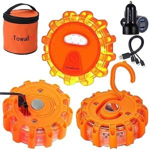 [3 Pack] LED Road Flare, USB Rechargeable Emergency Disc Beacon with 9 Flash Modes, 3 in 1 Charging Cable & Car Charger Roadside Flashing Warning Lights for Car Truck Boats（Batteries Included）