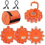 [4 Pack] LED Road Flare,USB Rechargeable Emergency Disc Beacon with 9 Flash Modes,2 in 1 Charging Cable & Car Charger Roadside Flashing Warning Lights for Car Truck Boats(Batteries Included) (4)