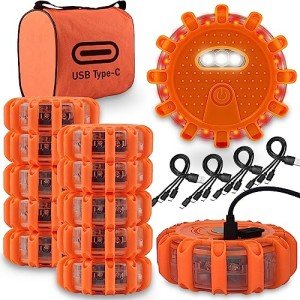 Ecoangel USB-C Rechargeable LED Road Flares Emergency Lights-Large Capacity (Lithium Battery) 3 in 1 Cable Roadside Warning Car Safety Beacon Flashing Disc Flare Kit with Magnetic Base for Vehicles