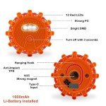 Ecoangel USB-C Rechargeable LED Road Flares Emergency Lights-Large Capacity (Lithium Battery) 3 in 1 Cable Roadside Warning Car Safety Beacon Flashing Disc Flare Kit with Magnetic Base for Vehicles