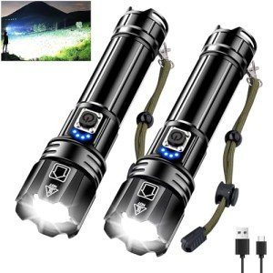Glarylight Torches LED Super Bright, 500000 High Lumens Rechargeable Torch, Powerful Torch XHP70.2 with 6 Modes & Zoomable & IPX7 Waterproof, for Camping, Hiking, Emergencies(2 Pack)