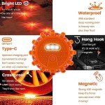 Ecoangel USB-C Rechargeable LED Road Flares Emergency Lights-Large Capacity (Lithium Battery) 3 in 1 Cable Roadside Warning Car Safety Beacon Flashing Disc Flare Kit with Magnetic Base for Vehicles