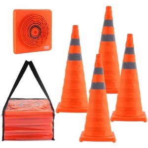 VEVOR H70-4 Safety 4 Pack 28 inch Collapsible, Construction Cones with Reflective Collars, Wide Base and A Storage Bag, for Traffic Control, Driving Training, Parking Lots, Red