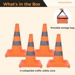SWEWARM 28" Collapsible Traffic Safety Cones, 4Pcs Multi-Purpose Pop-up Cones with Reflective Strips and Stable Bases, Orange Construction Cones for Road Parking, Driving Practice (28inch)