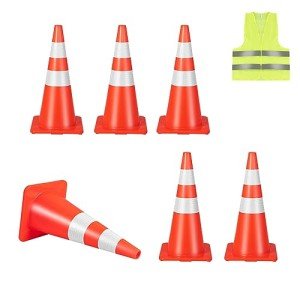 TANGZON 6 x 700mm Traffic Cones, No Parking PVC Safety Cones with Reflective Collars, Weighted Base & Safety Vest, Outdoor High Visibility Orange Hazard Construction Cones for Road Street