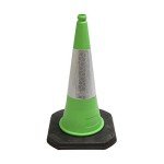 750mm Traffic Safety Green Cone With Reflective Sleeve Street Solutions UK Recycled Base Blow Moulded Top For Easy Grip Weighted Base Stable Heavy Duty Cone
