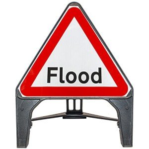 Flood 750mm Triangle Road Sign 554 - Plastic Temporary Road Street Traffic Safety Sign for Road and Street Works - Freestanding with Reflective Sign Face