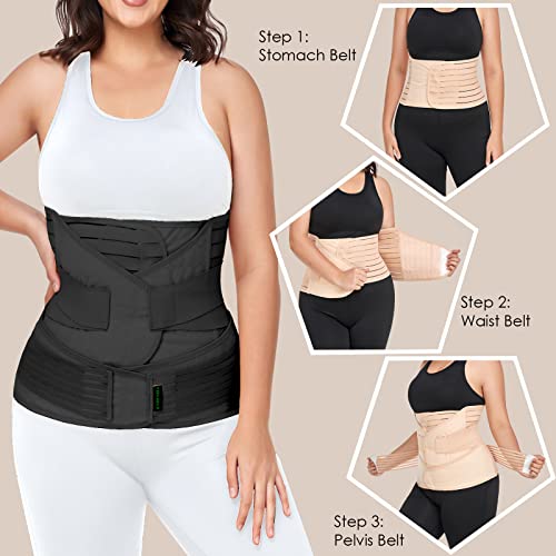 3 in 1 Postpartum Belly Band Wrap Support Recovery Girdles Abdominer Binder Post Surgery Belly&Waist&Pelvis Support Belt & Back Brace (Black, Large)