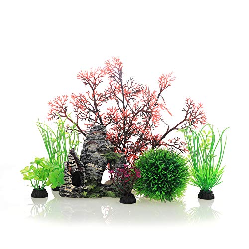 Aquarium Decor Set: Plastic Plants & Cave Rocks
