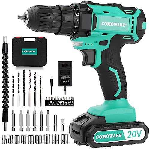 COMOWARE 20V Drill Set: Battery, Charger, 34 Drill Bits