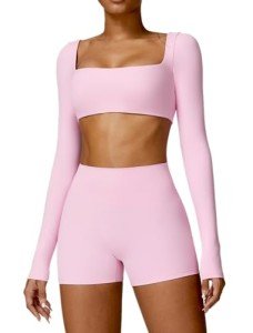 Womens Pink 2-Piece Yoga Set with Crop Top