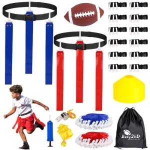 Flag Football Set, 14 Player Adjustable Pop Flag Football Belts with 42 Flags, 6 Cones, Size 3 Football, Penalty Flag, Pump and Carry Bag, Outdoor Games Sport Training Kit for Youth Adult