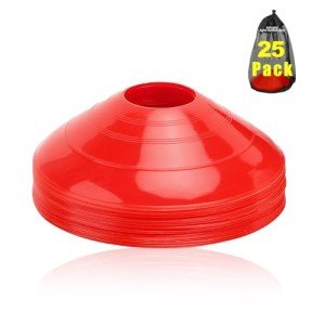 Ashsajkd(Set of 25 - Agility Soccer Cones with Carry Bag and for Football Cones for TrainingFootball, Basketball, Coaching, Agility Cones for Indoor and Outdoor Games (E-25 Pack red)