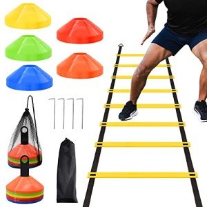 FGBNM Agility Ladder Speed Training Set, 13ft 8 Rungs Agility Ladder with 50 Disc Cones, 4 Steel Stakes, 2 Carry Bags and 1 Holder, Exercise Ladder Equipment for Football Basketball Exercise Sports
