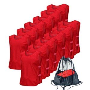 Antoyo Pinnies Adult Football Jersey, Adjustable Mesh Soccer Jersey Red-L