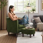 Chic Olive Green Accent Chair with Ottoman