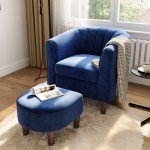 Blue Velvet Accent Chair with Ottoman for Football Fans
