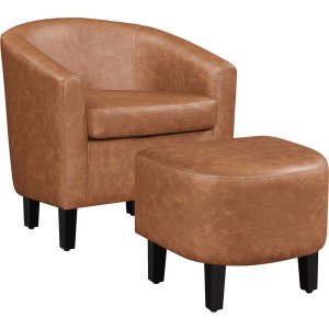 Renwick Brown Faux Leather Barrel Chair & Ottoman