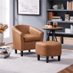 Renwick Brown Faux Leather Barrel Chair & Ottoman