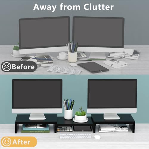 Adjustable Dual Monitor Stand with Storage Shelves