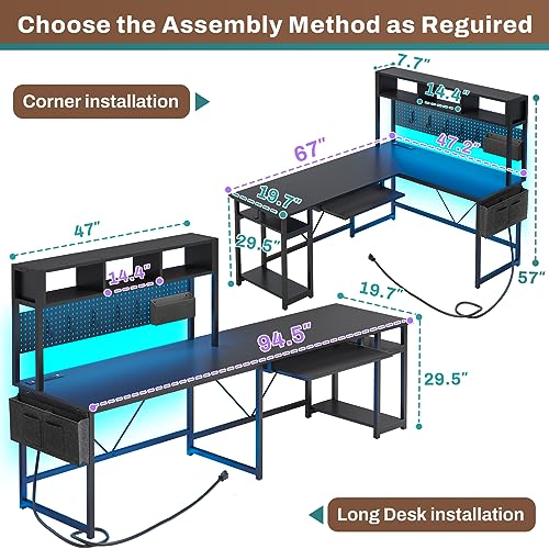 L-Shaped Gaming Desk with LED Lights and Power Outlet
