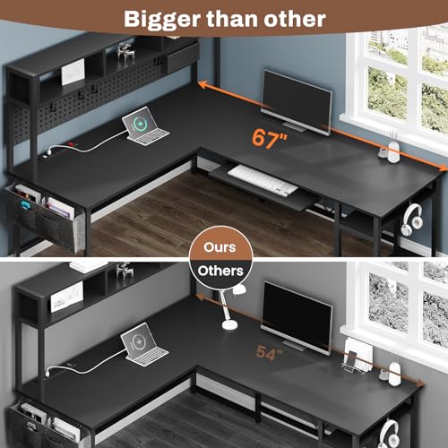L-Shaped Gaming Desk with LED Lights and Power Outlet