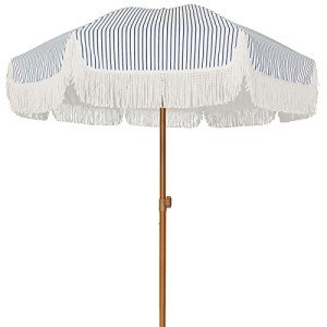 Navy Blue Striped 7ft Patio Umbrella with Fringe
