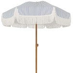Navy Blue Striped 7ft Patio Umbrella with Fringe