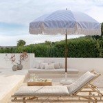 Navy Blue Striped 7ft Patio Umbrella with Fringe