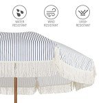 Navy Blue Striped 7ft Patio Umbrella with Fringe