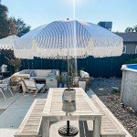 Navy Blue Striped 7ft Patio Umbrella with Fringe