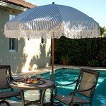 Navy Blue Striped 7ft Patio Umbrella with Fringe