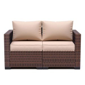 Khaki Wicker Love Seat Patio Sofa with Cover