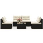5 Piece Rattan Sofa Set with Cushions