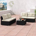 5 Piece Rattan Sofa Set with Cushions