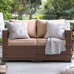 Khaki Wicker Love Seat Patio Sofa with Cover