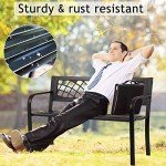 Sturdy Black Metal Outdoor Patio Bench with Armrests