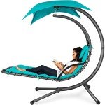 Teal Curved Steel Outdoor Hanging Chaise Lounge Chair