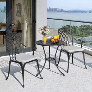 3-Piece Black Bistro Table Set with Cushions