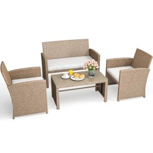 4-Piece Outdoor Rattan Bistro Set with Cushions