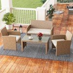 4-Piece Outdoor Rattan Bistro Set with Cushions